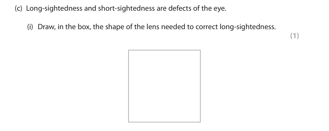 June 2024 Paper 1 Foundation, question 3(c)(i): Draw, in the box, the shape of the lens needed to correct long‑sightedness. (1)