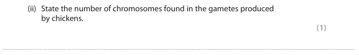 June 2024 Paper 1 Foundation, question 4(b)(ii): State the number of chromosomes found in the gametes produced by chickens. (1)