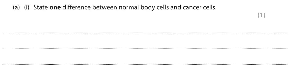 June 2024 Paper 1 Foundation, question 7(a)(i): State one difference between normal body cells and cancer cells. (1)