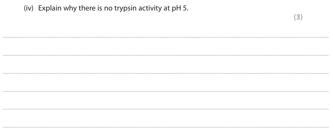 June 2024 Paper 1 Foundation, question 8(b)(iv): Explain why there is no trypsin activity at pH 5. (3)