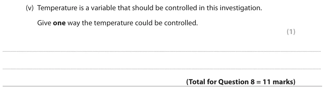 June 2024 Paper 1 Foundation, question 8(b)(v): Temperature is a variable that should be controlled in this investigation. Give one way the temperature could be controlled. (1)