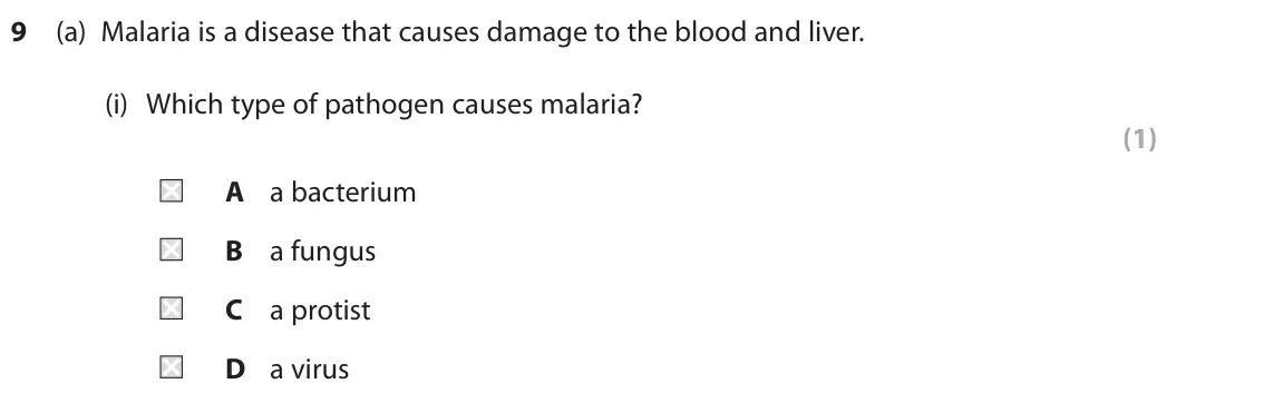June 2024 Paper 1 Foundation, question 9(a)(i): Which type of pathogen causes malaria? (1) A a bacterium B a fungus C a protist D a virus