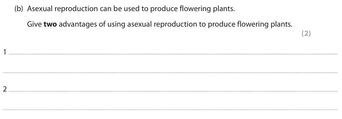 June 2024 Paper 1 Foundation, question 10(b): Asexual reproduction can be used to produce flowering plants. Give two advantages of using asexual reproduction to produce flowering plants. (2) 1 2