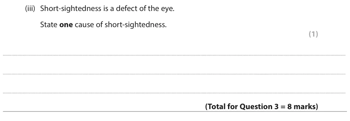 June 2025 Paper 1 Foundation, question 3(c)(iii): Short-sightedness is a defect of the eye. State one cause of short-sightedness. (1)