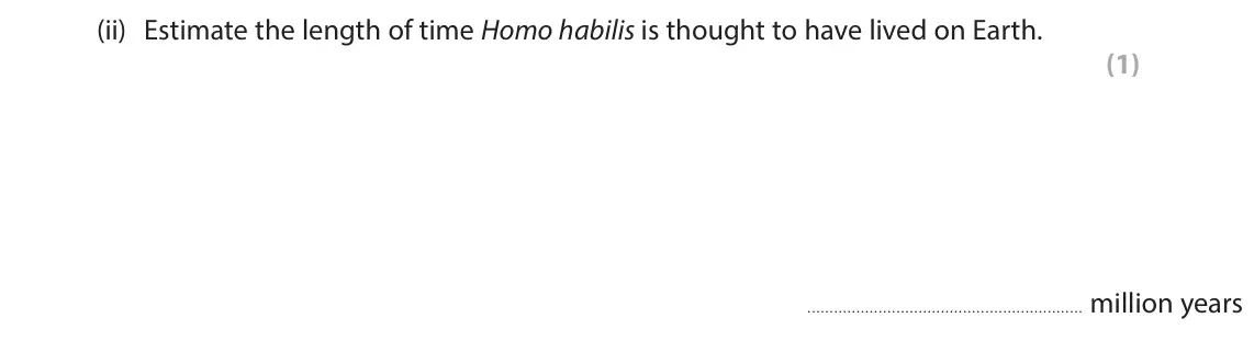June 2025 Paper 1 Foundation, question 4(a)(ii): Estimate the length of time Homo habilis is thought to have lived on Earth. (1) million years