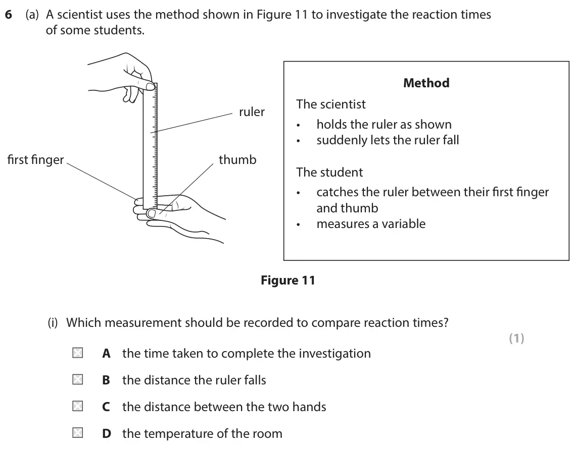 June 2025 Paper 1 Foundation, question 6(a)(i): Which measurement should be recorded to compare reaction times? (1) A the time taken to complete the investigation B the distance the ruler falls C the distance