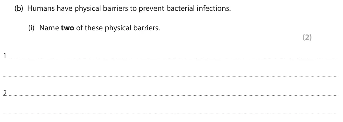 June 2025 Paper 1 Foundation, question 7(b)(i): Name two of these physical barriers. (2) 1 2