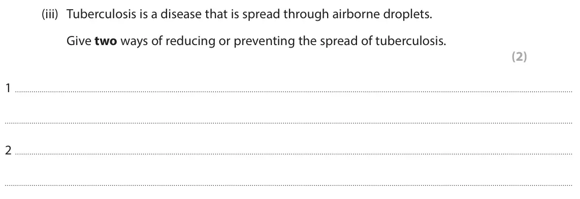 June 2025 Paper 1 Foundation, question 8(a)(iii): Tuberculosis is a disease that is spread through airborne droplets. Give two ways of reducing or preventing the spread of tuberculosis. (2) 1 2