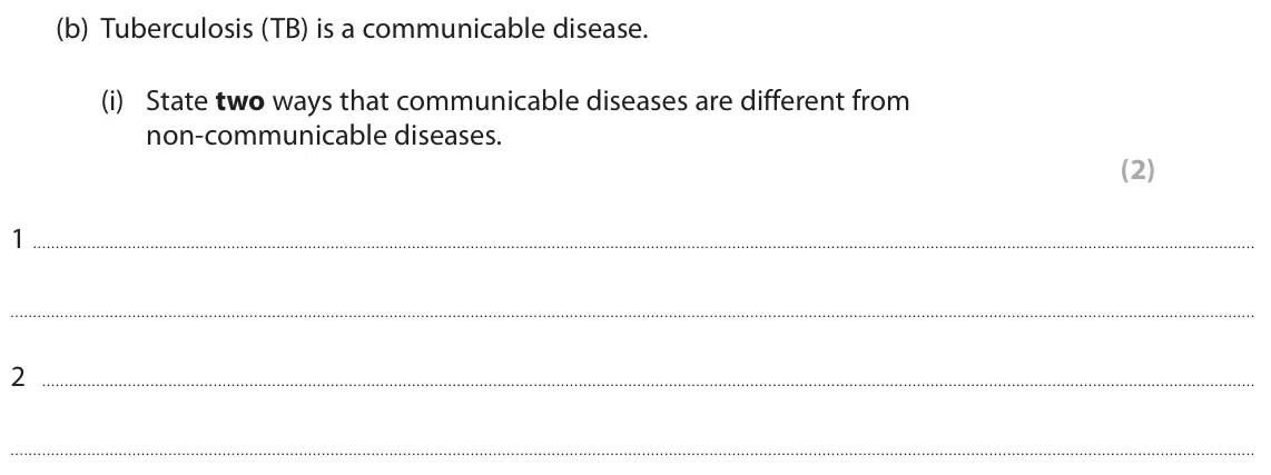 November 2021 Paper 1 Foundation, question 9(b)(i): State two ways that communicable diseases are different from non-communicable diseases. (2) 1 2