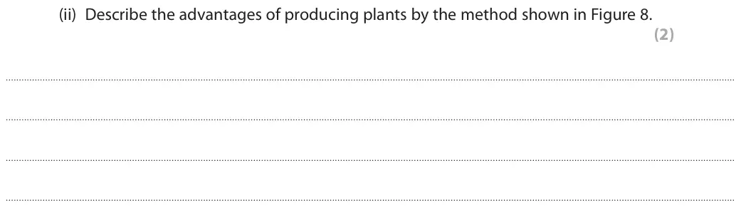 June 2018 Paper 1 Higher, question 4(a)(ii): Describe the advantages of producing plants by the method shown in Figure 8. (2)