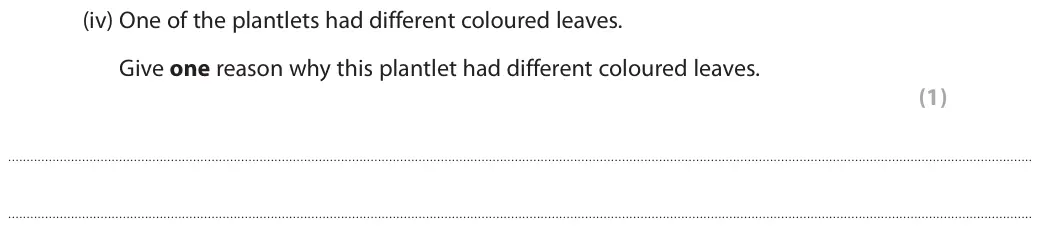 June 2018 Paper 1 Higher, question 4(a)(iv): One of the plantlets had different coloured leaves. Give one reason why this plantlet had different coloured leaves. (1)