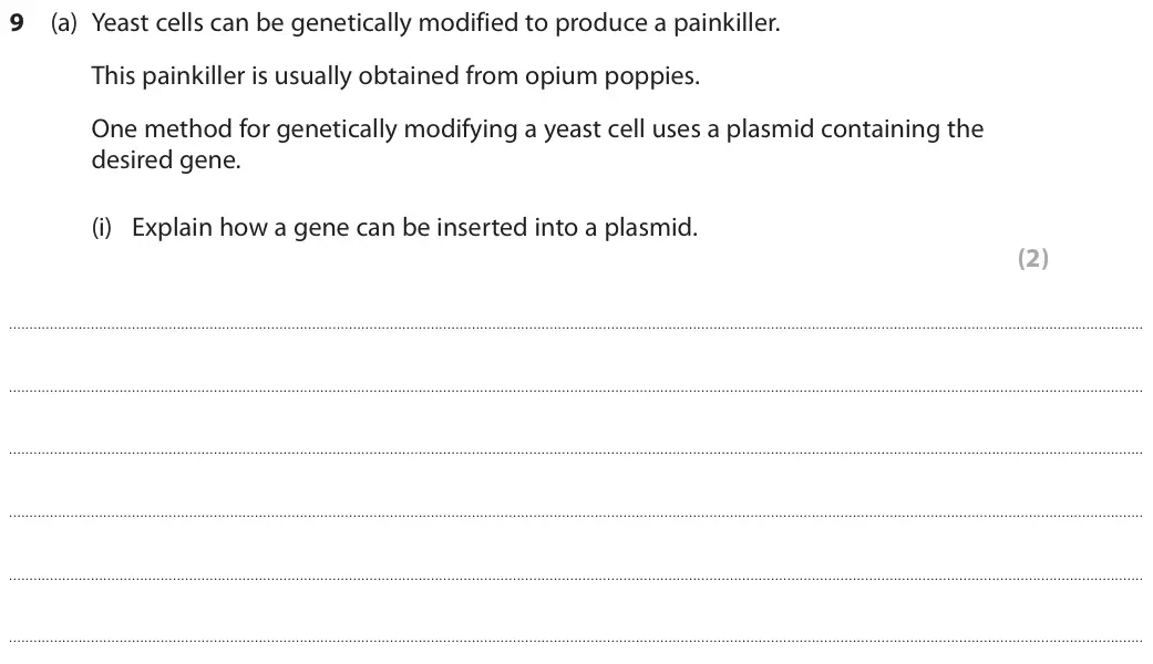 June 2018 Paper 1 Higher, question 9(a)(i): Explain how a gene can be inserted into a plasmid. (2)