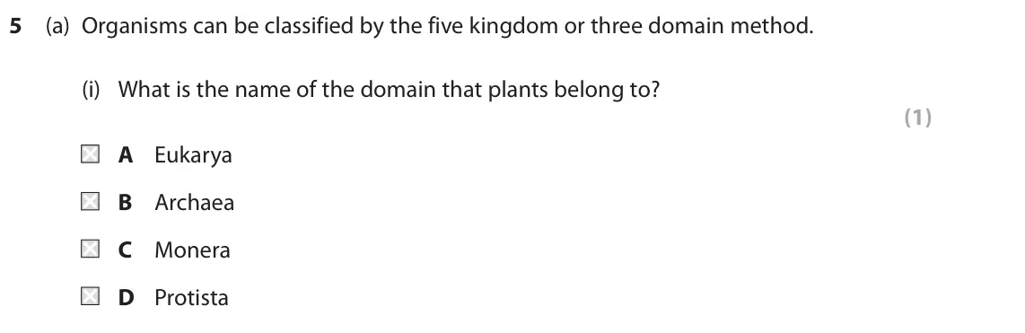 June 2019 Paper 1 Higher, question 5(a)(i): What is the name of the domain that plants belong to? (1) A Eukarya B Archaea C Monera D Protista