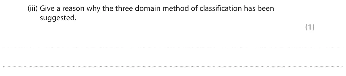 June 2019 Paper 1 Higher, question 5(a)(iii): Give a reason why the three domain method of classification has been suggested. (1)