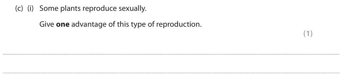 June 2022 Paper 1 Higher, question 1(c)(i): Some plants reproduce sexually. Give one advantage of this type of reproduction. (1)