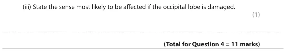 June 2022 Paper 1 Higher, question 4(b)(iii): State the sense most likely to be affected if the occipital lobe is damaged. (1)