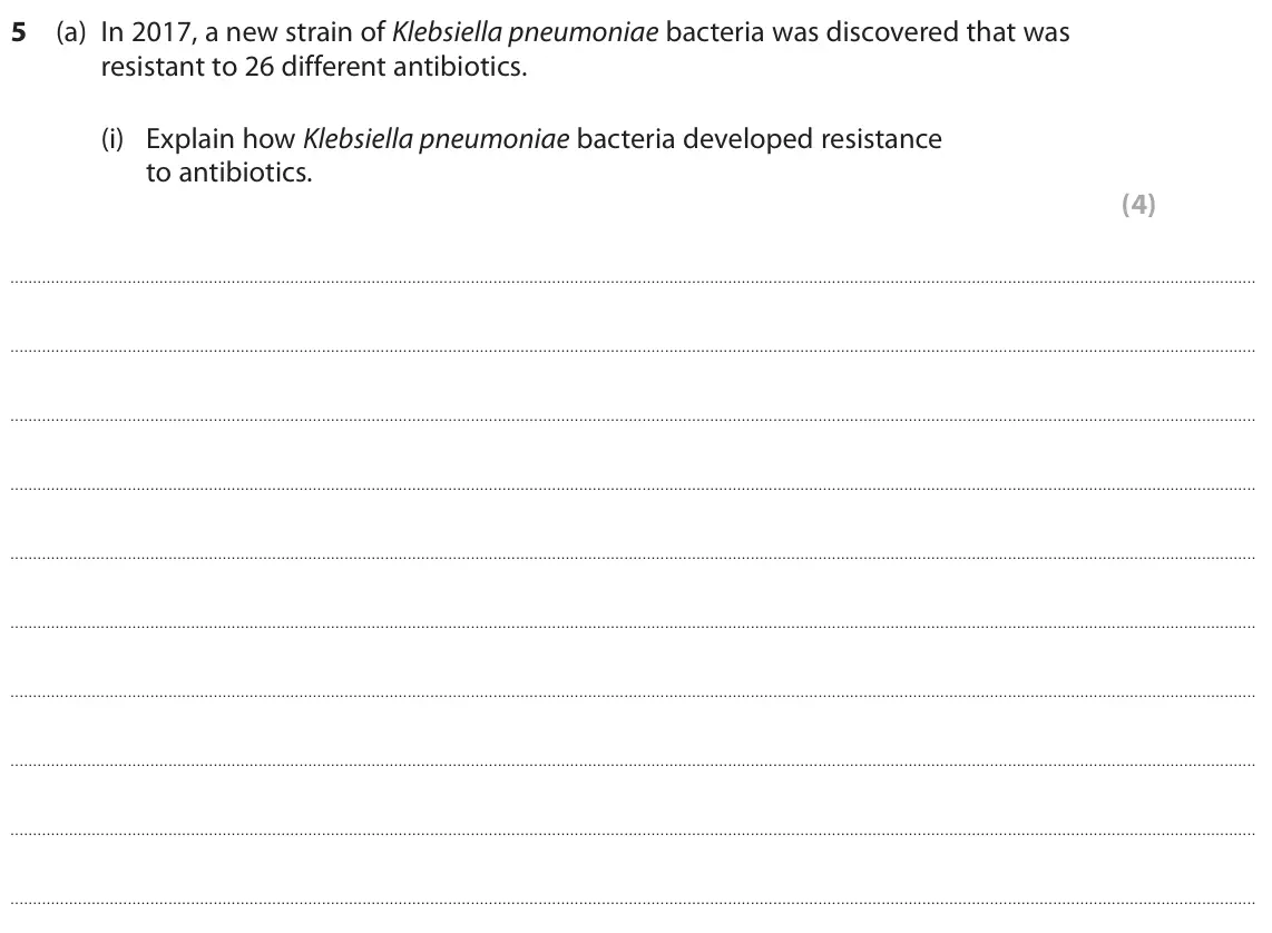 June 2022 Paper 1 Higher, question 5(a)(i): Explain how Klebsiella pneumoniae bacteria developed resistance to antibiotics. (4)