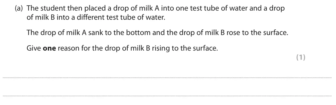 June 2022 Paper 1 Higher, question 6(a): The student then placed a drop of milk A into one test tube of water and a drop of milk B into a different test tube of water. The drop of milk A sank to the bo