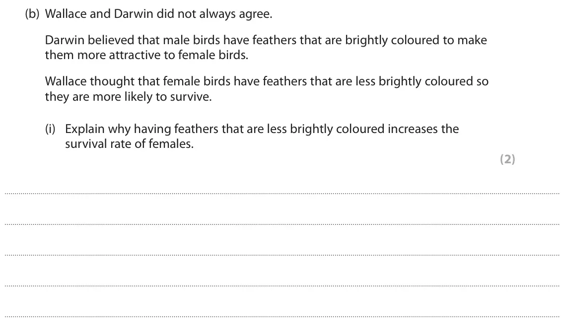 June 2022 Paper 1 Higher, question 8(b)(i): Explain why having feathers that are less brightly coloured increases the survival rate of females. (2)