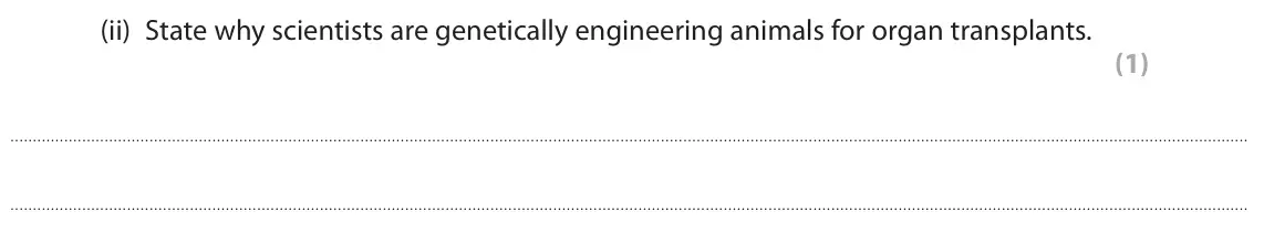 June 2022 Paper 1 Higher, question 9(b)(ii): State why scientists are genetically engineering animals for organ transplants. (1)