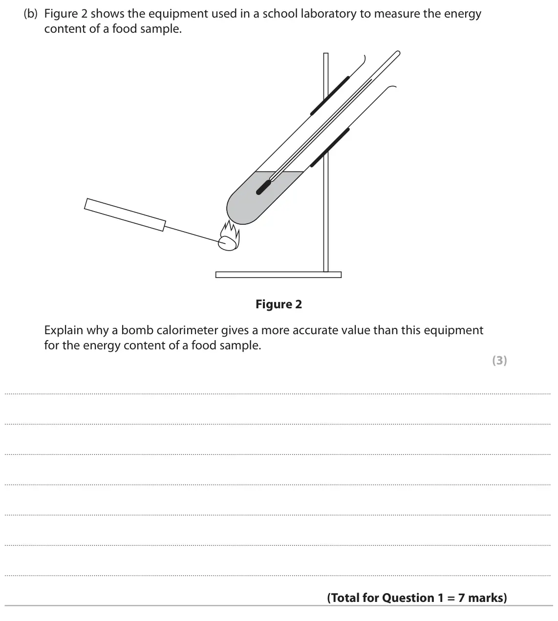 June 2023 Paper 1 Higher, question 1(b): Figure 2 shows the equipment used in a school laboratory to measure the energy content of a food sample. Figure 2 Explain why a bomb calorimeter gives a more ac