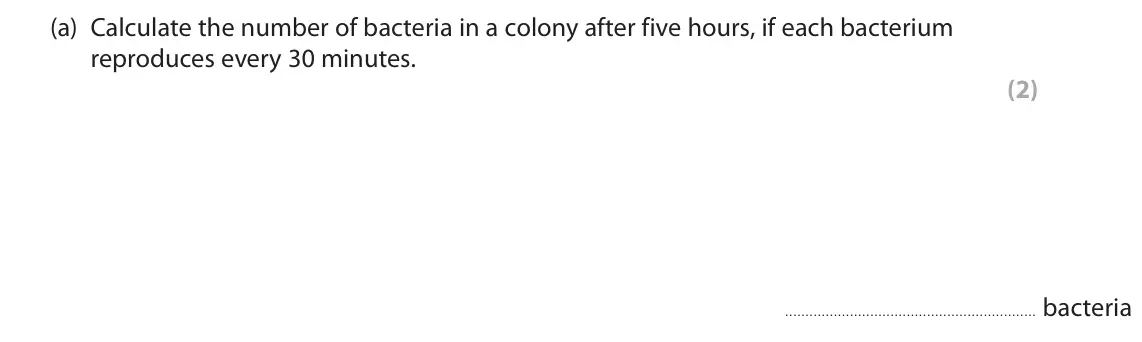 June 2023 Paper 1 Higher, question 3(a): Calculate the number of bacteria in a colony after five hours, if each bacterium reproduces every 30 minutes. (2) bacteria