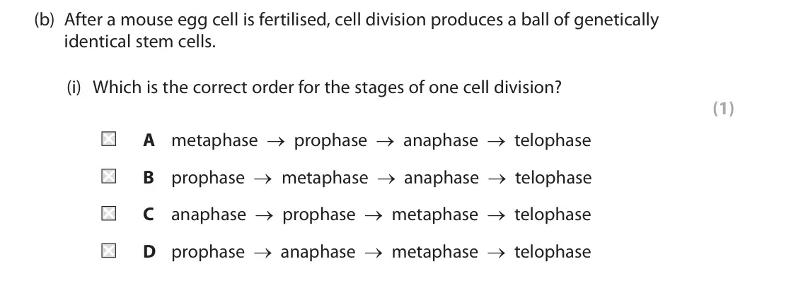 June 2023 Paper 1 Higher, question 5(b)(i): Which is the correct order for the stages of one cell division? (1) A metaphase → prophase → anaphase → telophase B prophase → metaphase → anaphase → telophase