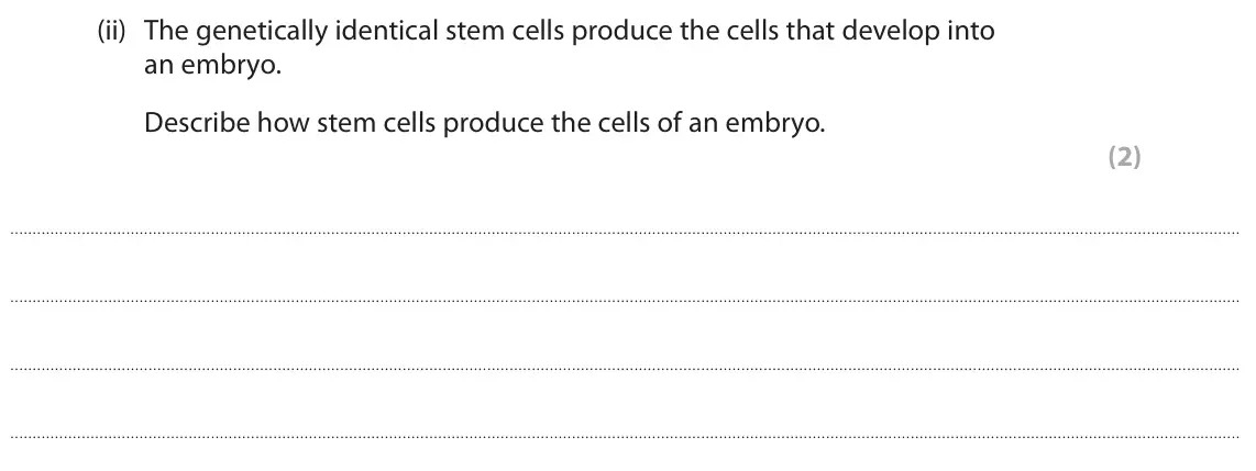 June 2023 Paper 1 Higher, question 5(b)(ii): The genetically identical stem cells produce the cells that develop into an embryo. Describe how stem cells produce the cells of an embryo. (2)