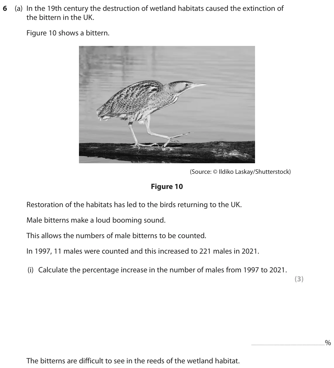 June 2023 Paper 1 Higher, question 6(a)(i): Calculate the percentage increase in the number of males from 1997 to 2021. (3) % The bitterns are difficult to see in the reeds of the wetland habitat.