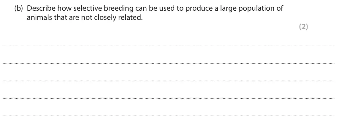 June 2023 Paper 1 Higher, question 6(b): Describe how selective breeding can be used to produce a large population of animals that are not closely related. (2)