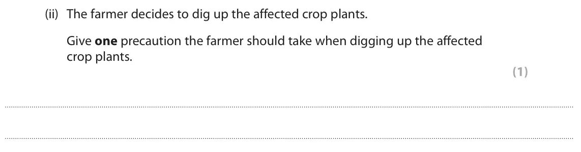 June 2023 Paper 1 Higher, question 7(a)(ii): The farmer decides to dig up the affected crop plants. Give one precaution the farmer should take when digging up the affected crop plants. (1)
