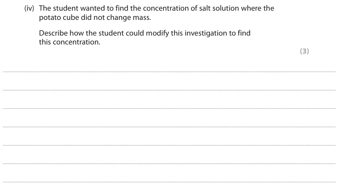 June 2023 Paper 1 Higher, question 8(a)(iv): The student wanted to find the concentration of salt solution where the potato cube did not change mass. Describe how the student could modify this investigatio