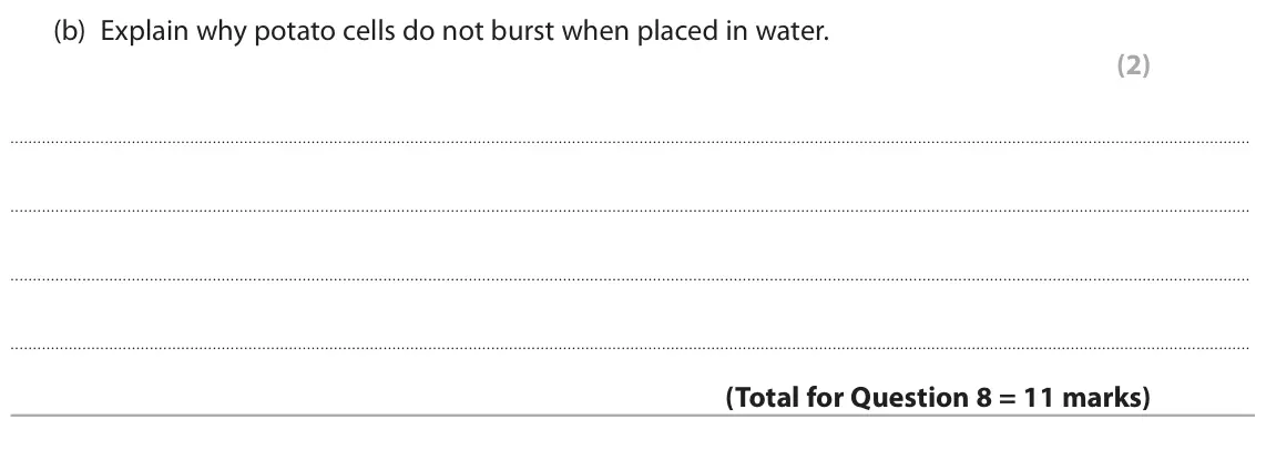 June 2023 Paper 1 Higher, question 8(b): Explain why potato cells do not burst when placed in water. (2)