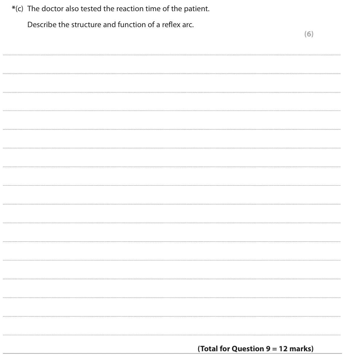June 2023 Paper 1 Higher, question 9(c): The doctor also tested the reaction time of the patient. Describe the structure and function of a reflex arc. (6)