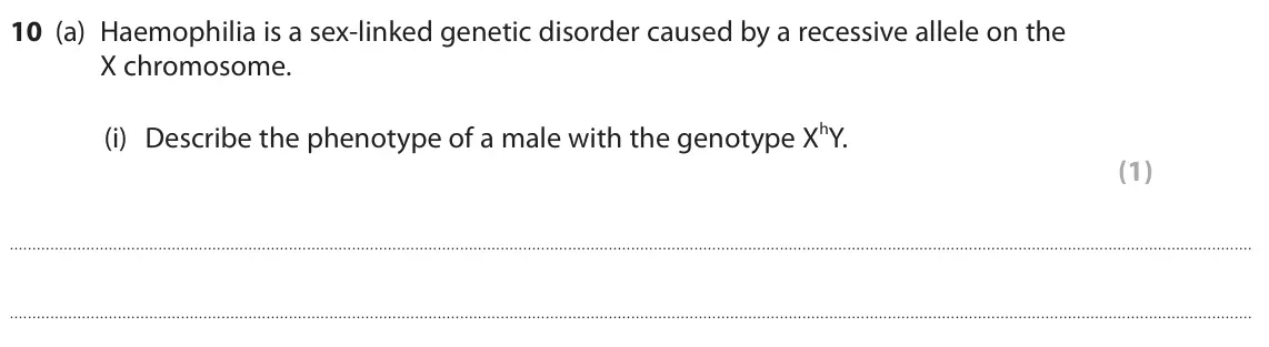 June 2023 Paper 1 Higher, question 10(a)(i): Describe the phenotype of a male with the genotype XhY. (1)