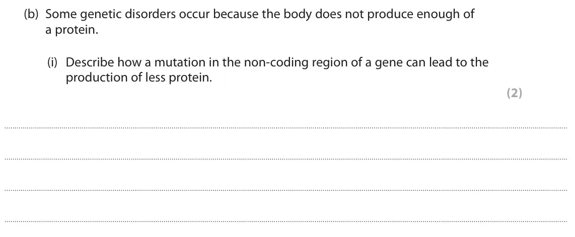 June 2023 Paper 1 Higher, question 10(b)(i): Describe how a mutation in the non-coding region of a gene can lead to the production of less protein. (2)