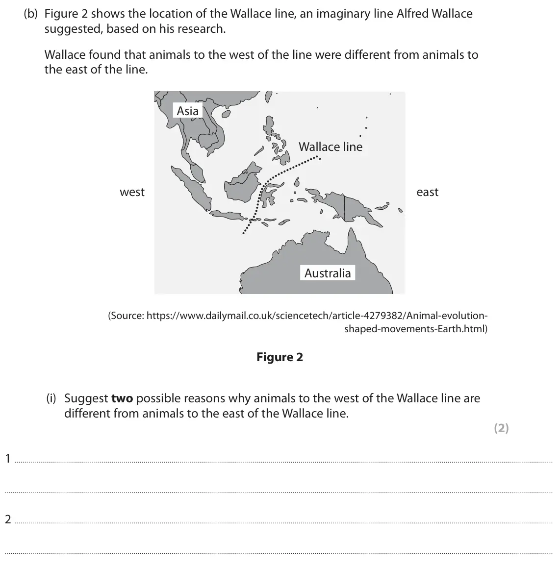 June 2024 Paper 1 Higher, question 1(b)(i): Suggest two possible reasons why animals to the west of the Wallace line are different from animals to the east of the Wallace line. (2) 1 2