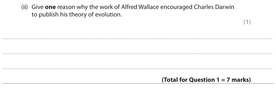 June 2024 Paper 1 Higher, question 1(b)(ii): Give one reason why the work of Alfred Wallace encouraged Charles Darwin to publish his theory of evolution. (1)