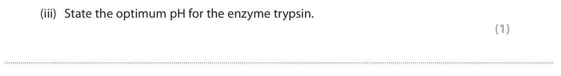 June 2024 Paper 1 Higher, question 2(a)(iii): State the optimum pH for the enzyme trypsin. (1)