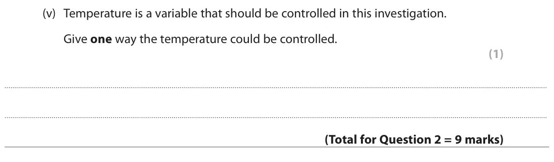 June 2024 Paper 1 Higher, question 2(a)(v): Temperature is a variable that should be controlled in this investigation. Give one way the temperature could be controlled. (1)