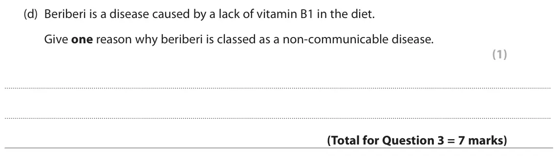 June 2024 Paper 1 Higher, question 3(d): Beriberi is a disease caused by a lack of vitamin B1 in the diet. Give one reason why beriberi is classed as a non‑communicable disease. (1)