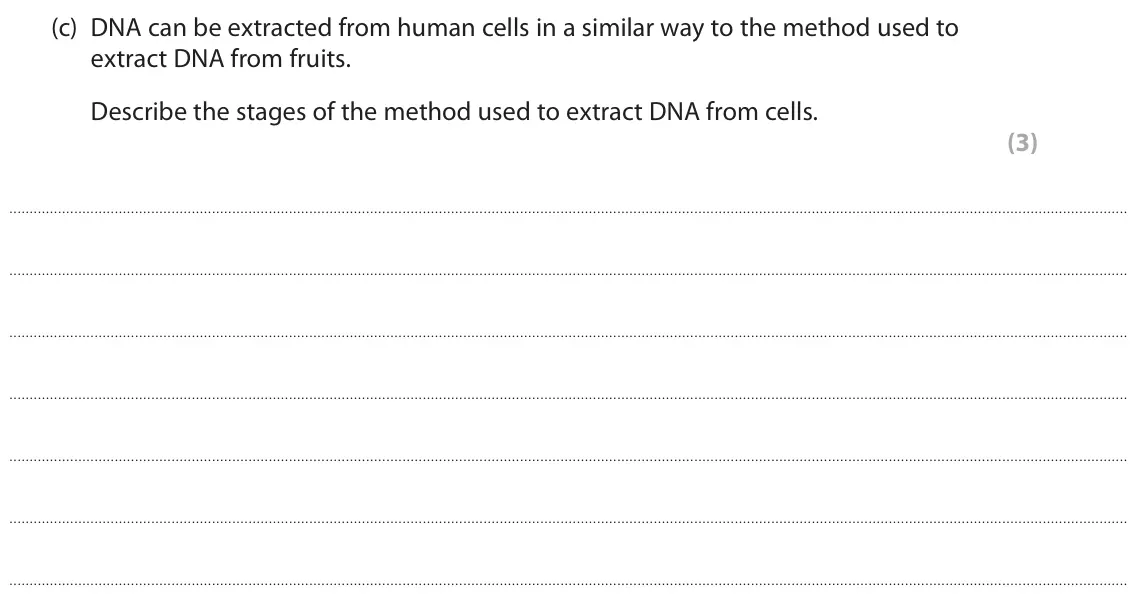 June 2024 Paper 1 Higher, question 5(c): DNA can be extracted from human cells in a similar way to the method used to extract DNA from fruits. Describe the stages of the method used to extract DNA from