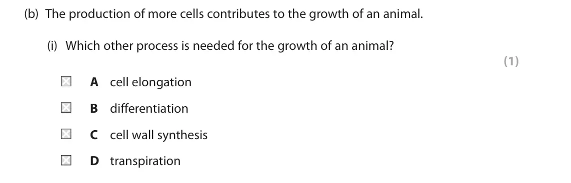 June 2024 Paper 1 Higher, question 9(b)(i): Which other process is needed for the growth of an animal? (1) A cell elongation B differentiation C cell wall synthesis D transpiration