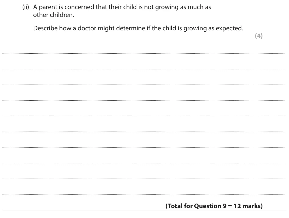 June 2024 Paper 1 Higher, question 9(b)(ii): A parent is concerned that their child is not growing as much as other children. Describe how a doctor might determine if the child is growing as expected. (4)