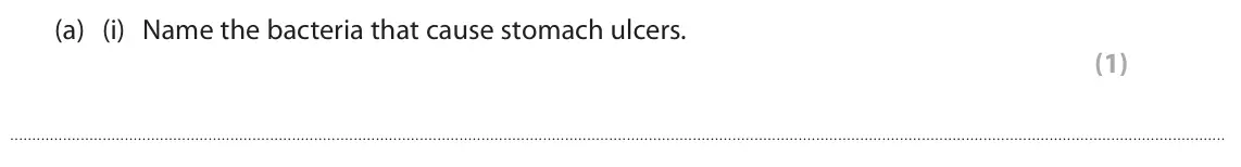 June 2024 Paper 1 Higher, question 10(a)(i): Name the bacteria that cause stomach ulcers. (1)