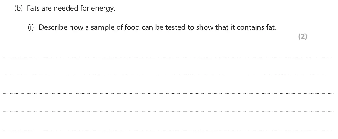 June 2025 Paper 1 Higher, question 1(b)(i): Describe how a sample of food can be tested to show that it contains fat. (2)
