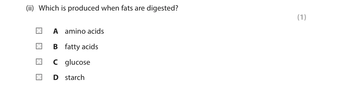 June 2025 Paper 1 Higher, question 1(b)(ii): Which is produced when fats are digested? (1) A amino acids B fatty acids C glucose D starch