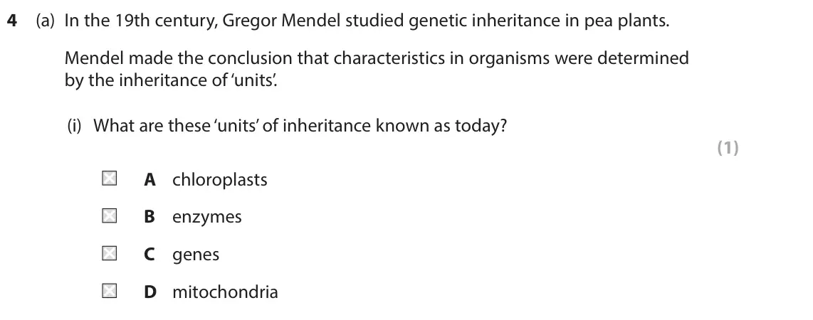 June 2025 Paper 1 Higher, question 4(a)(i): What are these ‘units’ of inheritance known as today? (1) A chloroplasts B enzymes C genes D mitochondria