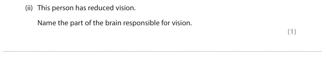 June 2025 Paper 1 Higher, question 7(a)(ii): This person has reduced vision. Name the part of the brain responsible for vision. (1)