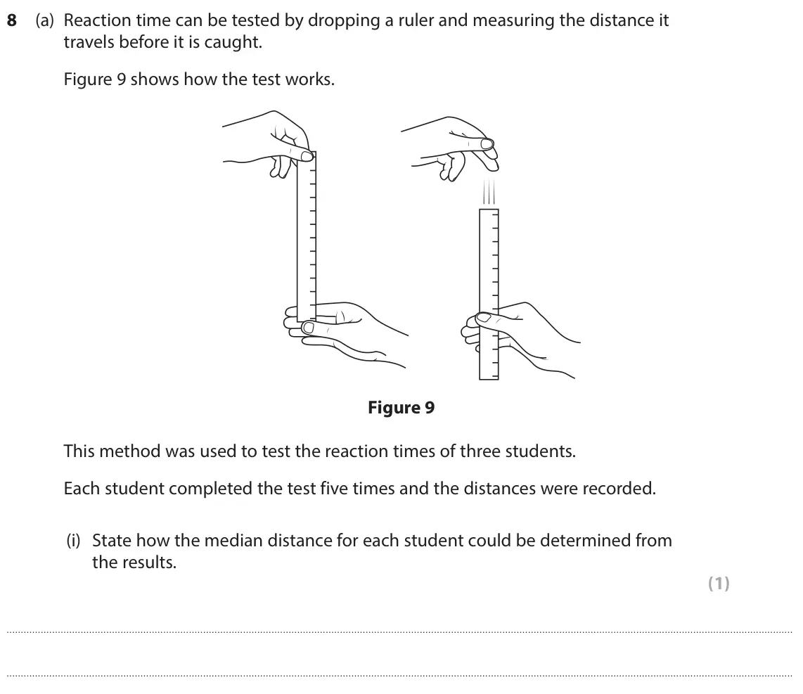 June 2025 Paper 1 Higher, question 8(a)(i): State how the median distance for each student could be determined from the results. (1)